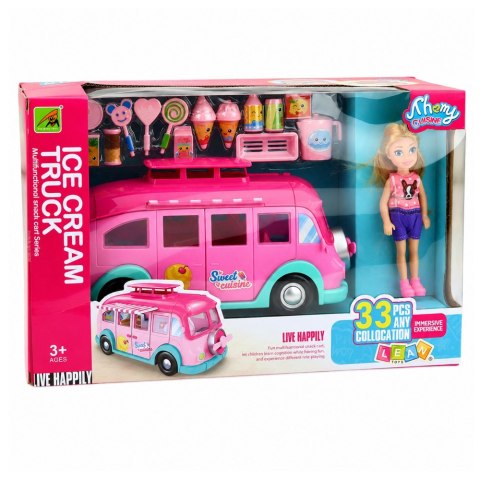 Lodziarnia Food Truck Lalka Autko Bus Rozkładany Akcesoria Różowy 33 el.