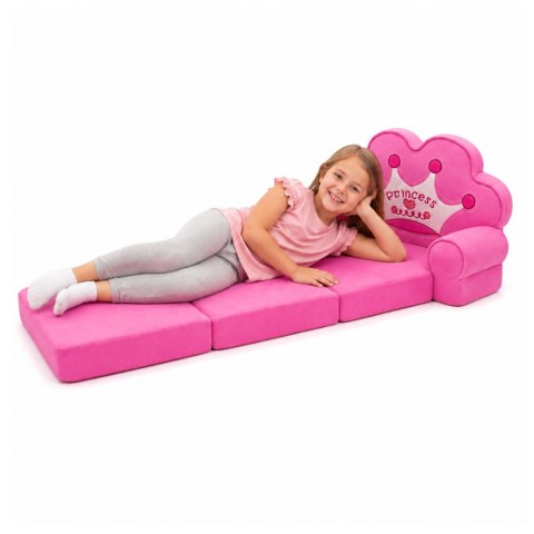 Rozkładany Fotel Sofa Leżanka z Koroną 2W1 Dla Dzieci Miękki Różowy