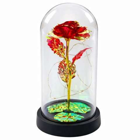 Wieczna Kryształowa Róża w Kopule z Oświetleniem LED Czerwona 21x11cm