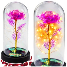 Wieczna Kryształowa Róża w Kopule z Oświetleniem LED Różowa 21x11cm