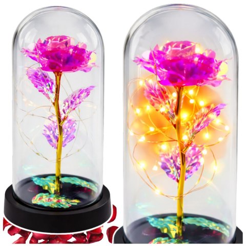 Wieczna Kryształowa Róża w Kopule z Oświetleniem LED Różowa 21x11cm