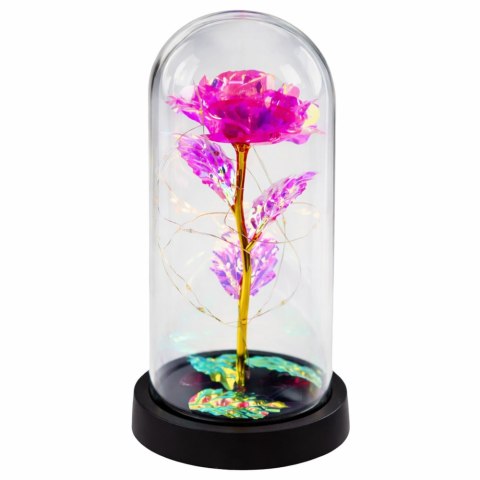 Wieczna Kryształowa Róża w Kopule z Oświetleniem LED Różowa 21x11cm