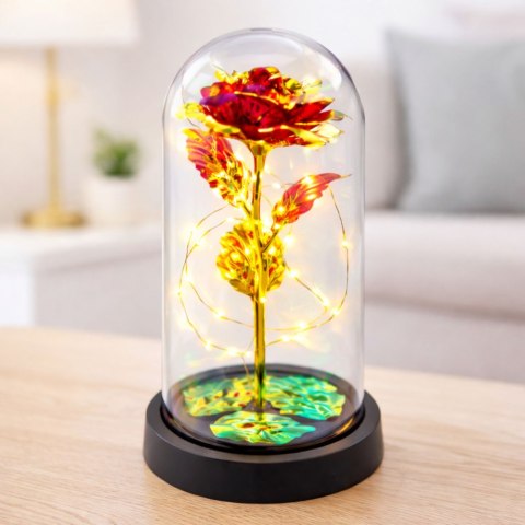 Wieczna Róża W Kopule Kryształowa Oświetlenie LED Czerwona 21x11cm