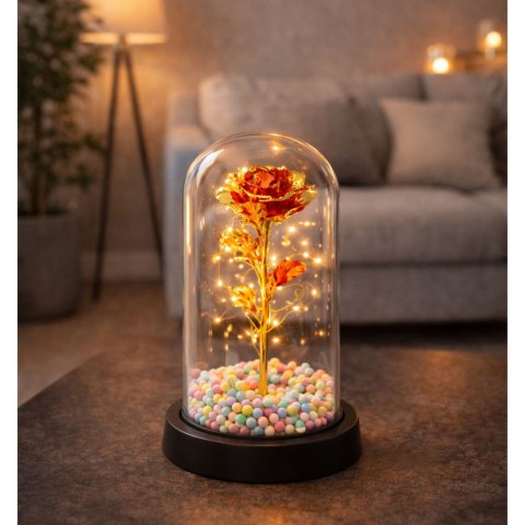 Wieczna Róża W Kopule Kryształowa Oświetlenie LED Kuleczki Czerwona 21x11cm