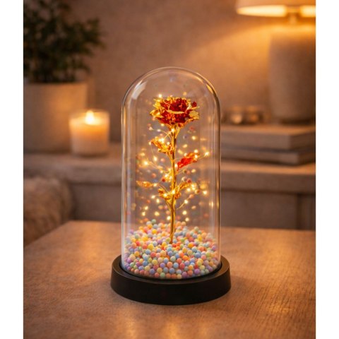 Wieczna Róża W Kopule Kryształowa Oświetlenie LED Kuleczki Czerwona 21x11cm