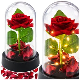Wieczna Róża w Kopule z Oświetleniem LED Czerwona z Płatkami Róż 14x8cm