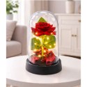 Wieczna Róża w Kopule z Oświetleniem LED Czerwona z Płatkami Róż 14x8cm