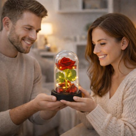 Wieczna Róża w Kopule z Oświetleniem LED Czerwona z Płatkami Róż 14x8cm