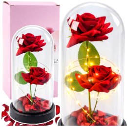 Wieczne 2 Róże w Kopule z Oświetleniem LED i Płatkami Róż Czerwone 21x11cm