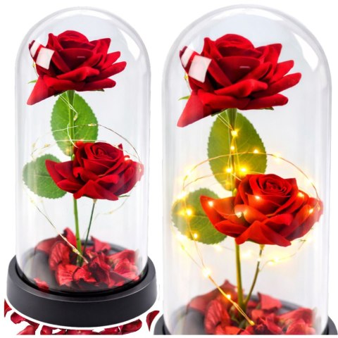 Wieczne 2 Róże w Kopule z Oświetleniem LED i Płatkami Róż Czerwone 21x11cm