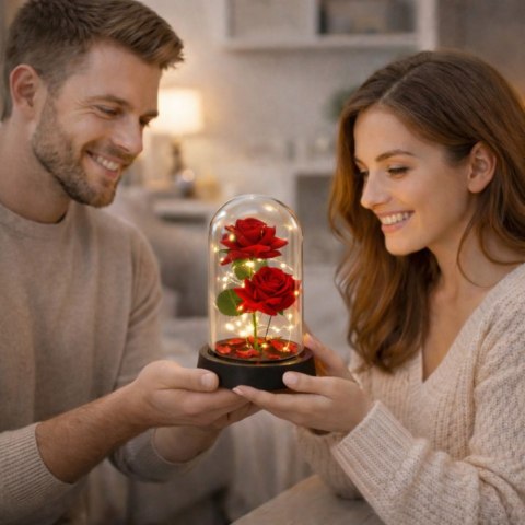 Wieczne 2 Róże w Kopule z Oświetleniem LED i Płatkami Róż Czerwone 21x11cm