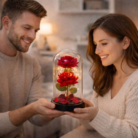 Wieczne 2 Róże w Kopule z Oświetleniem LED i Płatkami Róż Czerwone 21x11cm