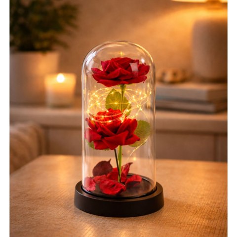 Wieczne 2 Róże w Kopule z Oświetleniem LED i Płatkami Róż Czerwone 21x11cm