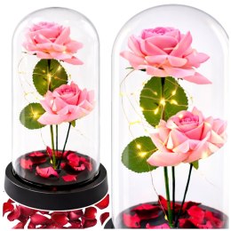 Wieczne Róże w Kopule z Oświetleniem LED i Płatkami Róż Różowe 21x11cm