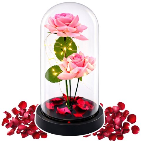 Wieczne Róże w Kopule z Oświetleniem LED i Płatkami Róż Różowe 21x11cm