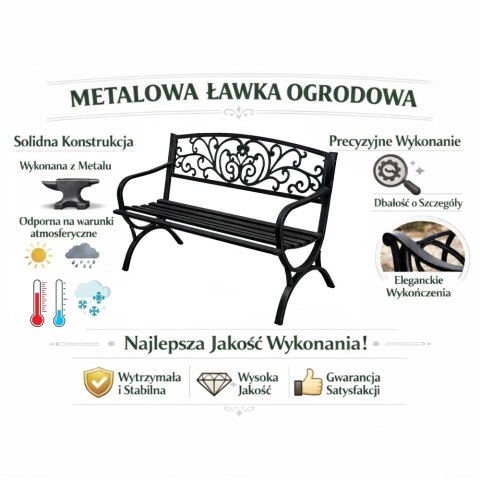 Ławka Ogrodowa Taras Ogród Parkowa Metalowa Oparcie Zdobiona Czarna 127 cm