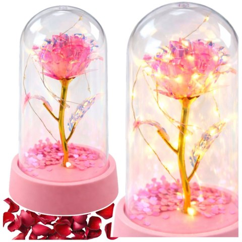 Wieczna Róża Kryształowa w Kopule z Oświetleniem LED Różowa 14x8cm
