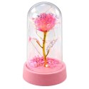 Wieczna Róża Kryształowa w Kopule z Oświetleniem LED Różowa 14x8cm