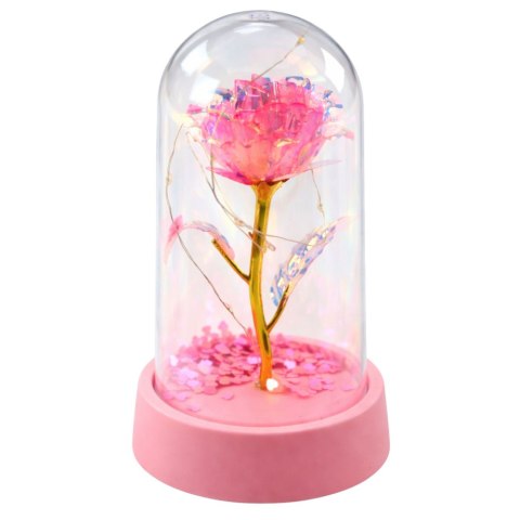 Wieczna Róża Kryształowa w Kopule z Oświetleniem LED Różowa 14x8cm