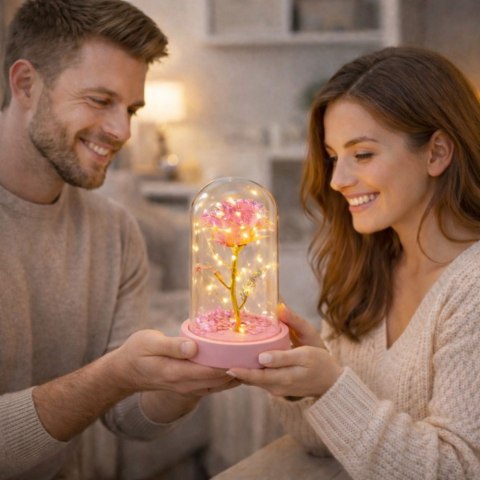 Wieczna Róża Kryształowa w Kopule z Oświetleniem LED Różowa 14x8cm