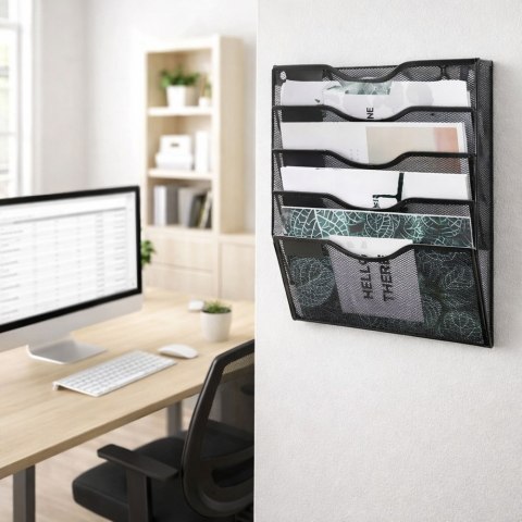 Metalowy Organizer Na Dokumenty Gazety Regał Na Ścianę 5 Przegród A4 Czarny