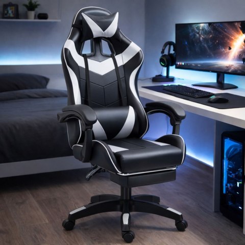 Fotel Gamingowy LEAN Obrotowy Biurowy Z Podnóżkiem Poduszki Czarno-Biały