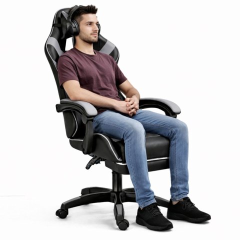 Fotel Gamingowy LEAN Obrotowy Biurowy Z Podnóżkiem Poduszki Czarno-Szary