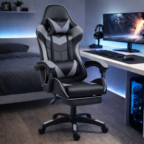 Fotel Gamingowy LEAN Obrotowy Biurowy Z Podnóżkiem Poduszki Czarno-Szary