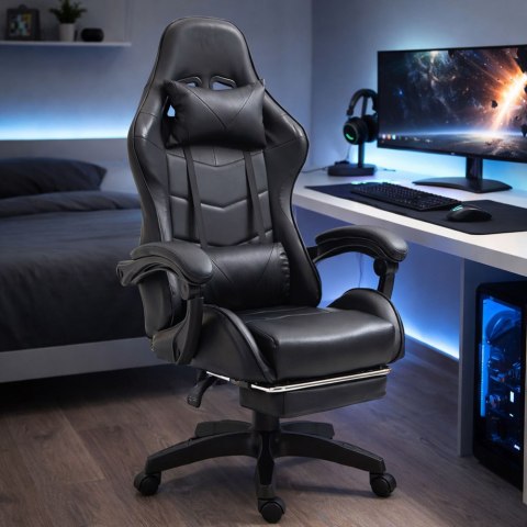 Fotel Gamingowy LEAN Obrotowy Biurowy Z Podnóżkiem Poduszki Czarny