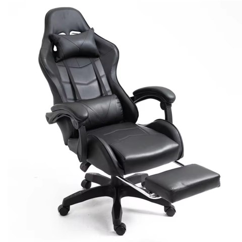 Fotel Gamingowy LEAN Obrotowy Biurowy Z Podnóżkiem Poduszki Czarny